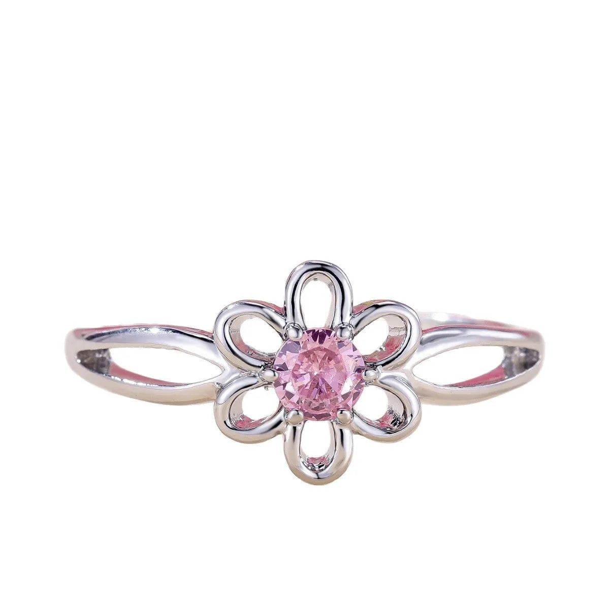 Lady's flower hollowed fashion simple ring in copper with platinum pink diamond electroplated finish