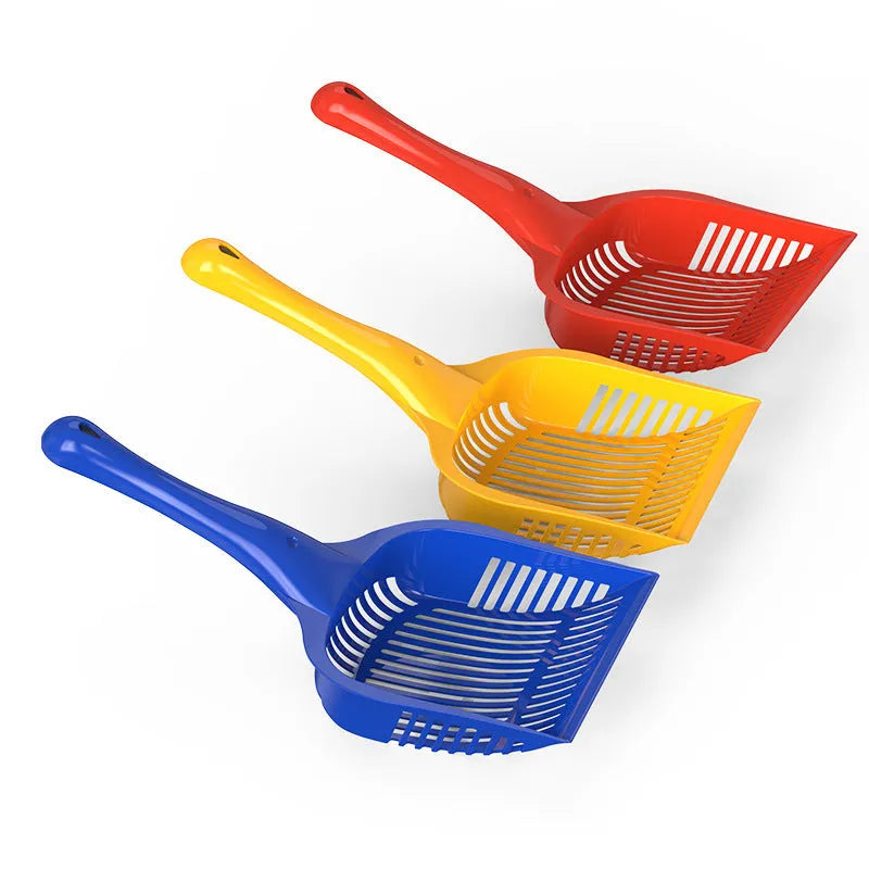 Red, yellow, and blue plastic cat litter scoops showing small and medium size options