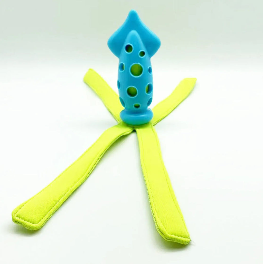 Blue squeaky cuttlefish dog toy for teeth cleaning and fetch, 39 cm, rubber and waterproof cloth