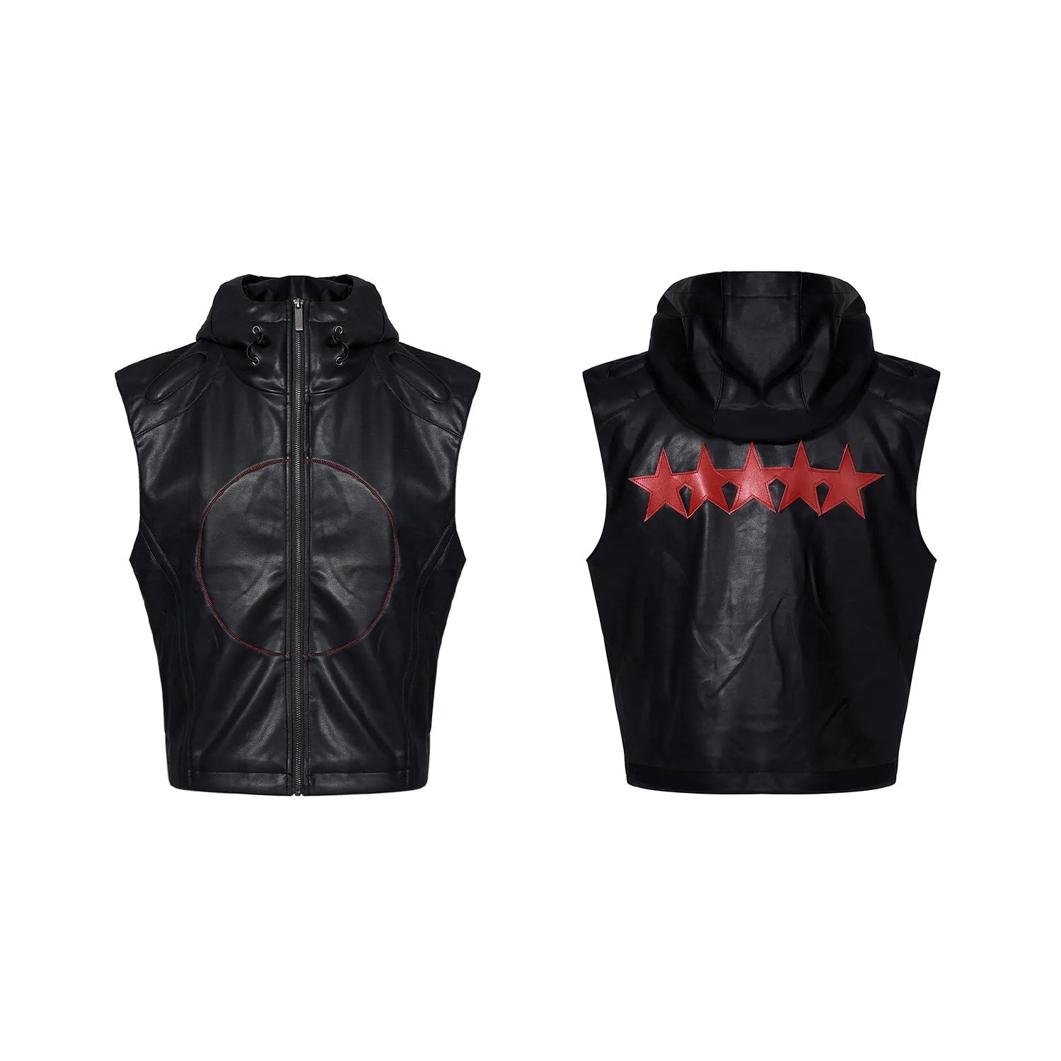 Men's black hooded PU leather waistcoat with five-pointed star print, slim fit, summer style