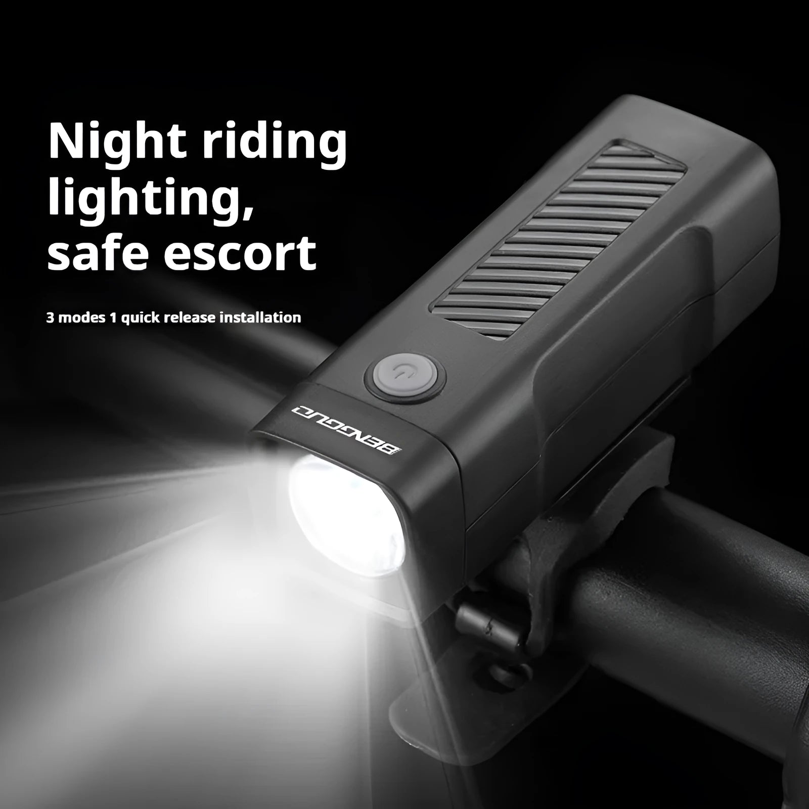 Black USB-rechargeable bicycle headlight mounted on bike handlebars with strap bracket.