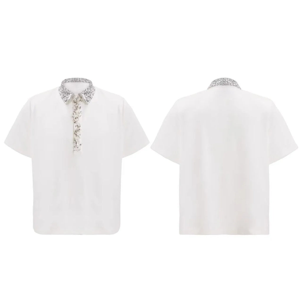 Men's black polo shirt with square collar, short sleeves, and embroidery and sequin detailing