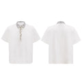 Men's black polo shirt with square collar, short sleeves, and embroidery and sequin detailing