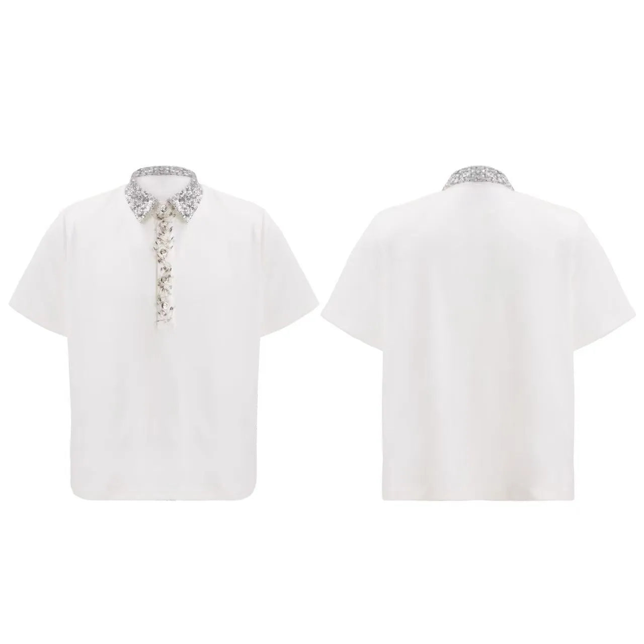 Men's black polo shirt with square collar, short sleeves, and embroidery and sequin detailing