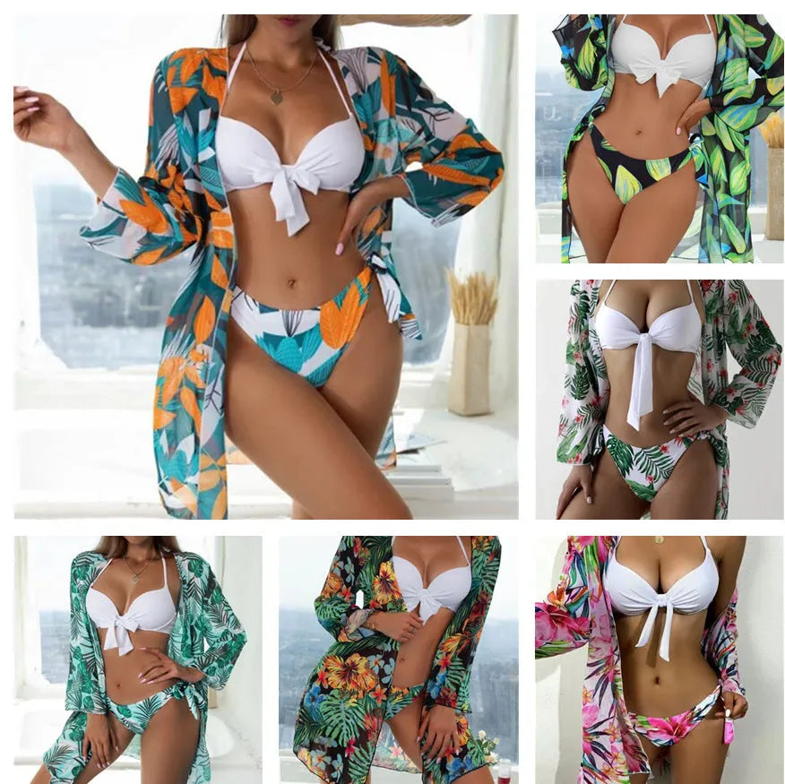 Women's three-piece mesh bikini swimsuit set with quick-drying polyester fabric