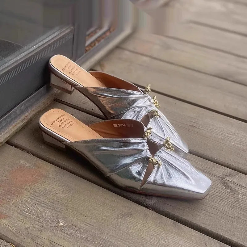 Genuine leather women's half toe cap slippers in gold with low heel and square toe
