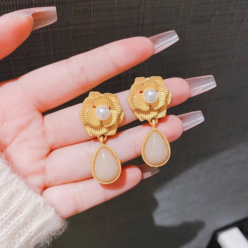 Hong Kong style flower stud earrings with opal stone in gold colour for women