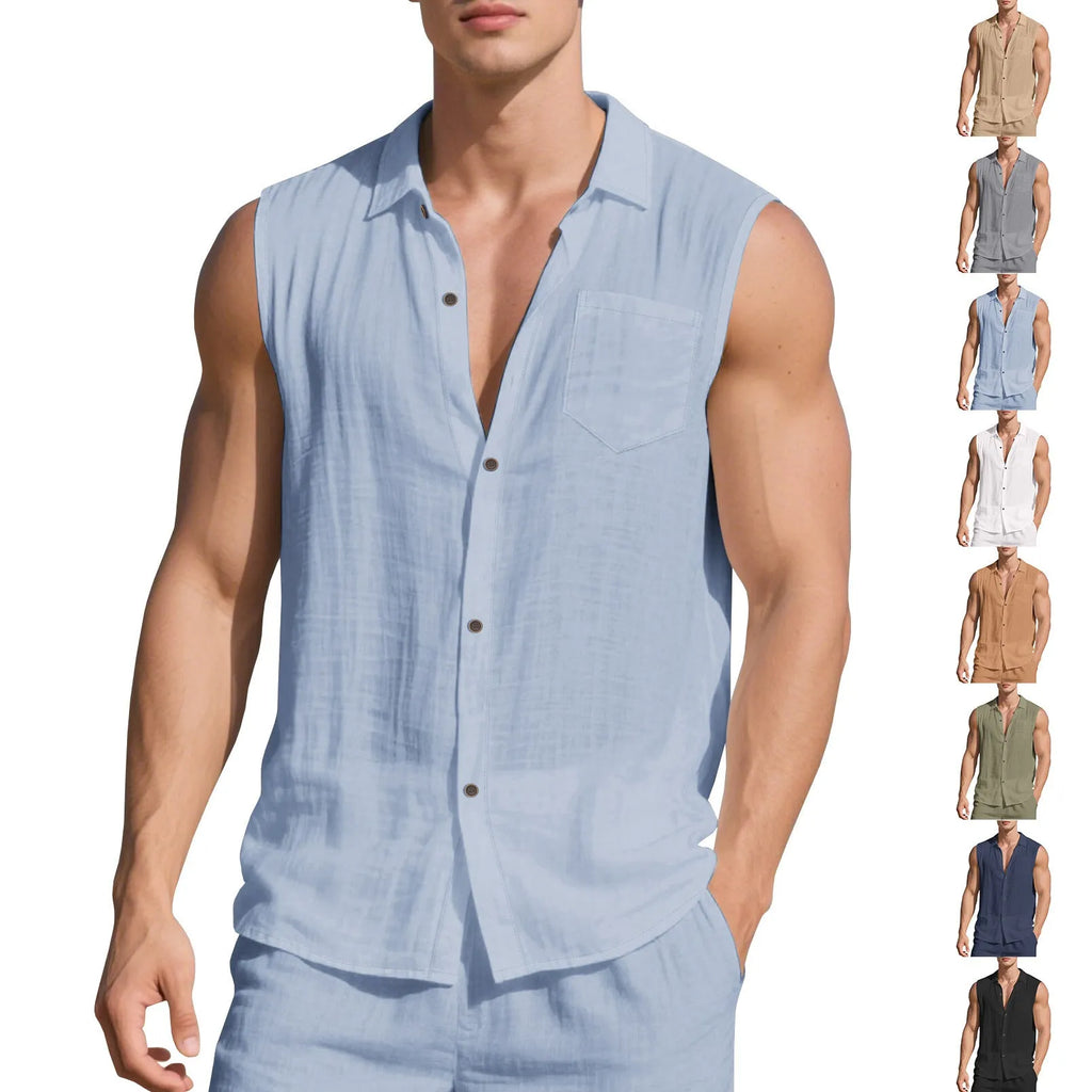 Sleeveless linen polo collar cardigan vest in light blue, loose fit, on a white background