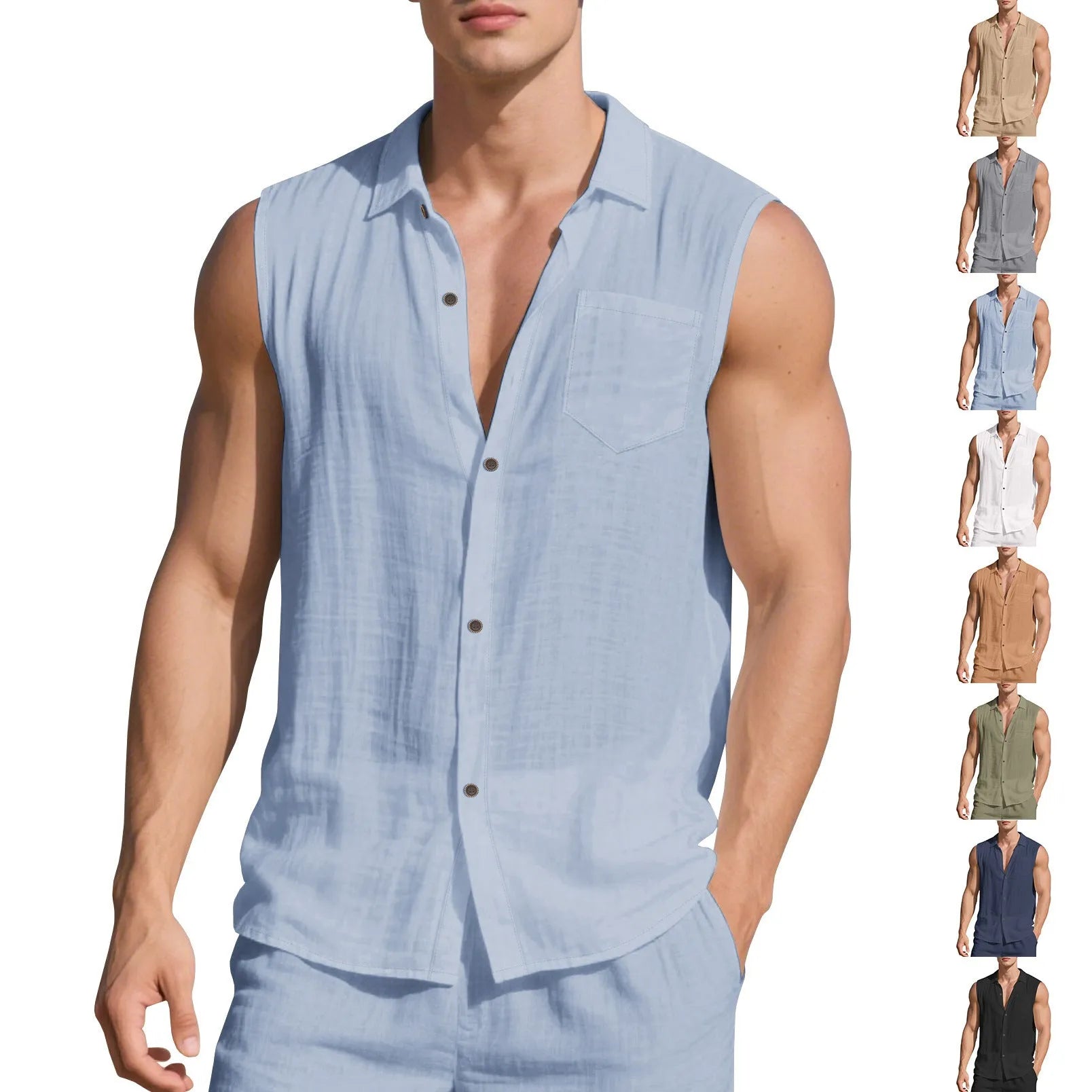 Sleeveless linen polo collar cardigan vest in light blue, loose fit, on a white background