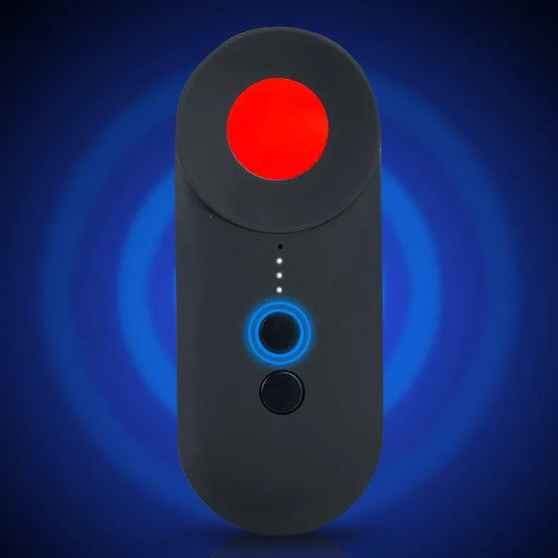 Black handheld GPS and hidden camera detector with USB port on a compact ABS plastic body.