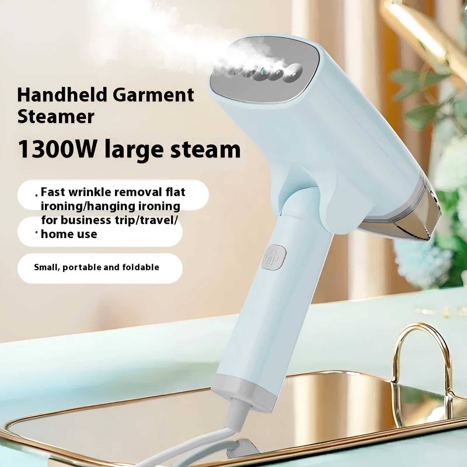 Blue handheld garment steamer with water tank and steam nozzle for clothing wrinkle removal