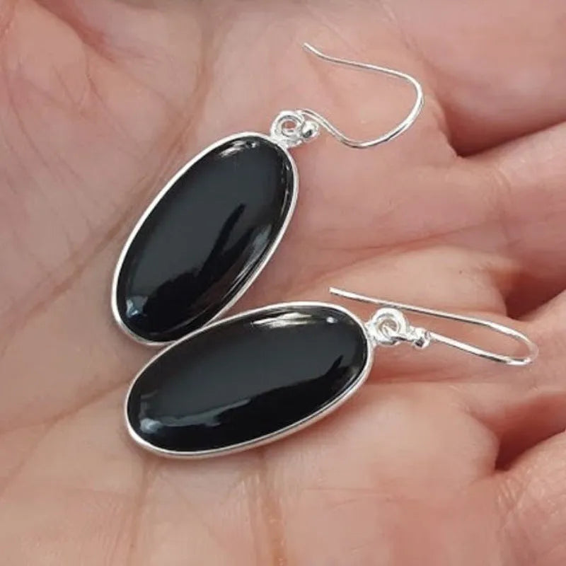 Black agate oval pendant earrings on 925 silver with geometry design