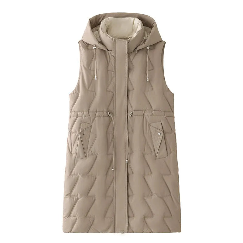 Women's loose fit down vest in solid colour with polyester padding, available in black, beige, coffee, khaki, sizes M to XXL