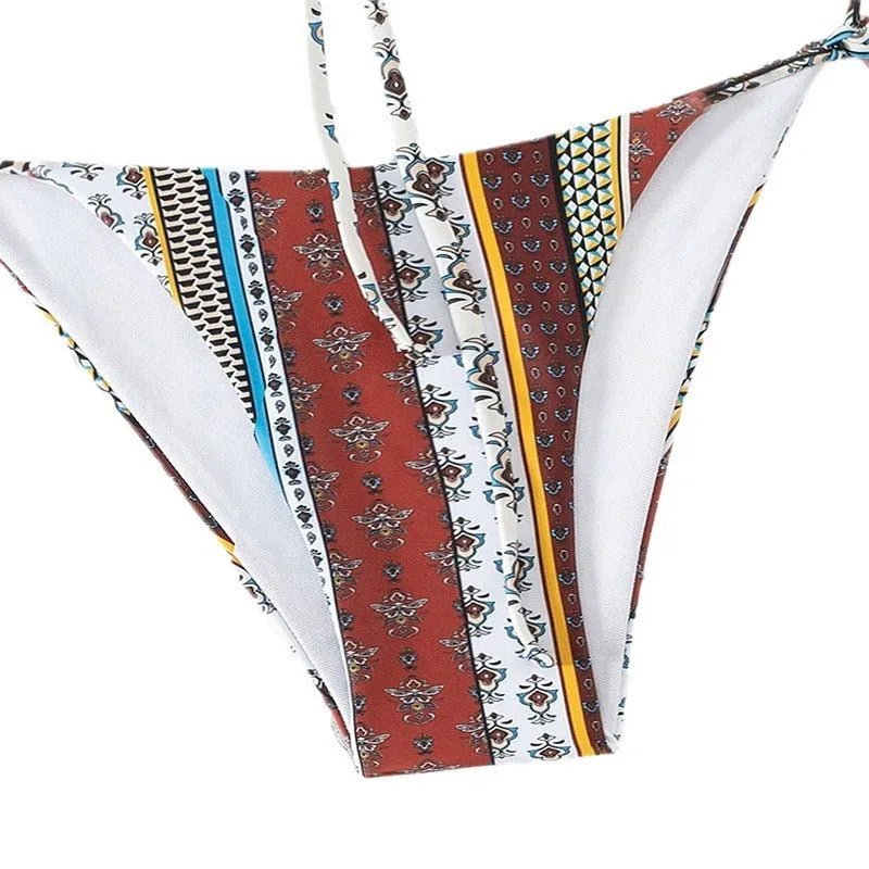 Women's printed lace-up split swimsuit in mixed colours, sleeveless polyester two-piece bikini set with bra and pants