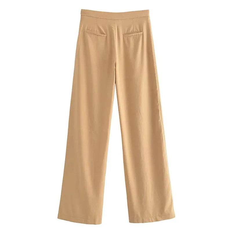 Women's linen-cotton blend straight-leg trousers in khaki, mid-waist, size M, casual street fashion style