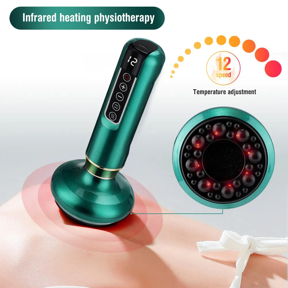 Green electric vacuum cupping massager device with USB charger on a white background