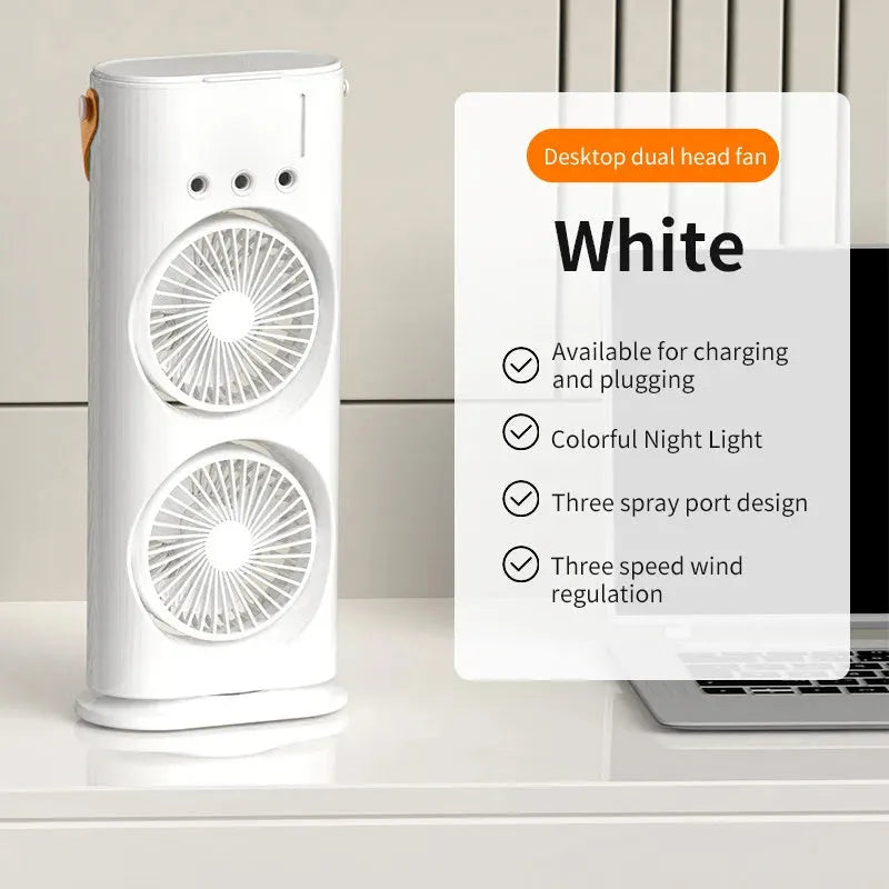 White double-ended spray fan with humidifying mist and remote control on a desk