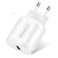 White or black smart mobile phone charger with UK US EU plug adaptors measuring 20x40x65mm