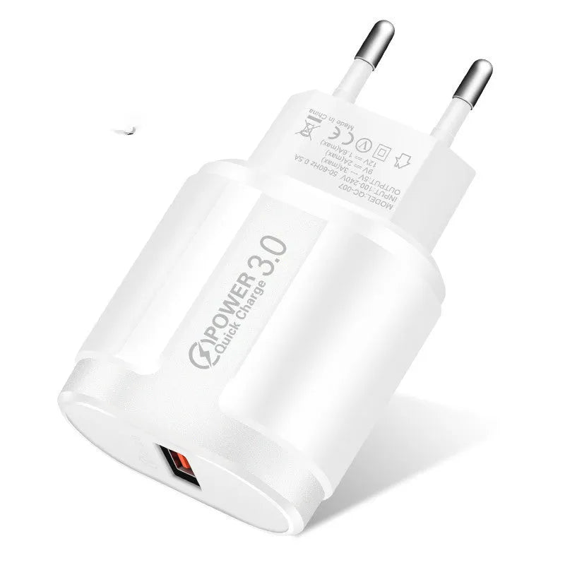 White or black smart mobile phone charger with UK US EU plug adaptors measuring 20x40x65mm