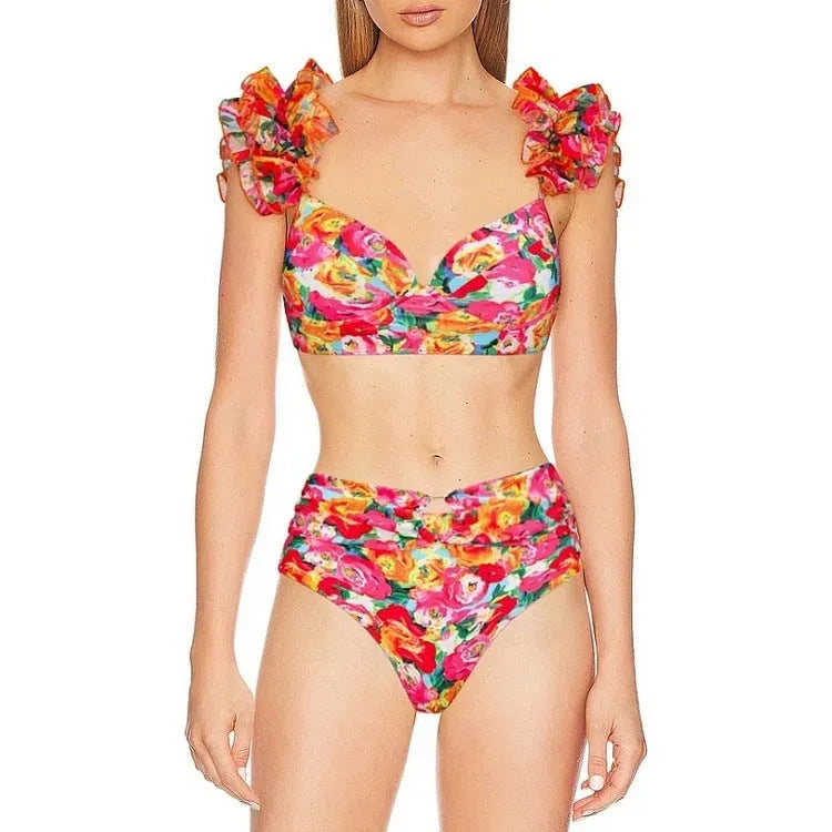 Women's push up bikini high waist split swimsuit with floral pattern in quick-dry nylon and polyester, sizes S-XL