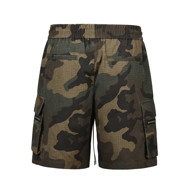 Men's cotton camouflage workwear shorts in green H215 with multi-bag pockets and loose fit