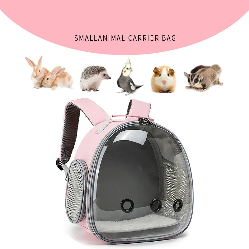 Transparent pet backpack carrier with bubble window for small animals like hamsters and guinea pigs, black colour