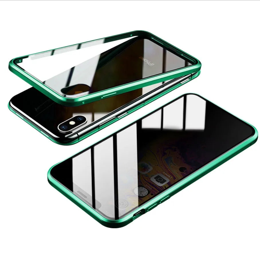 Glass anti-spy clamshell phone case in six colours for various iPhone models.