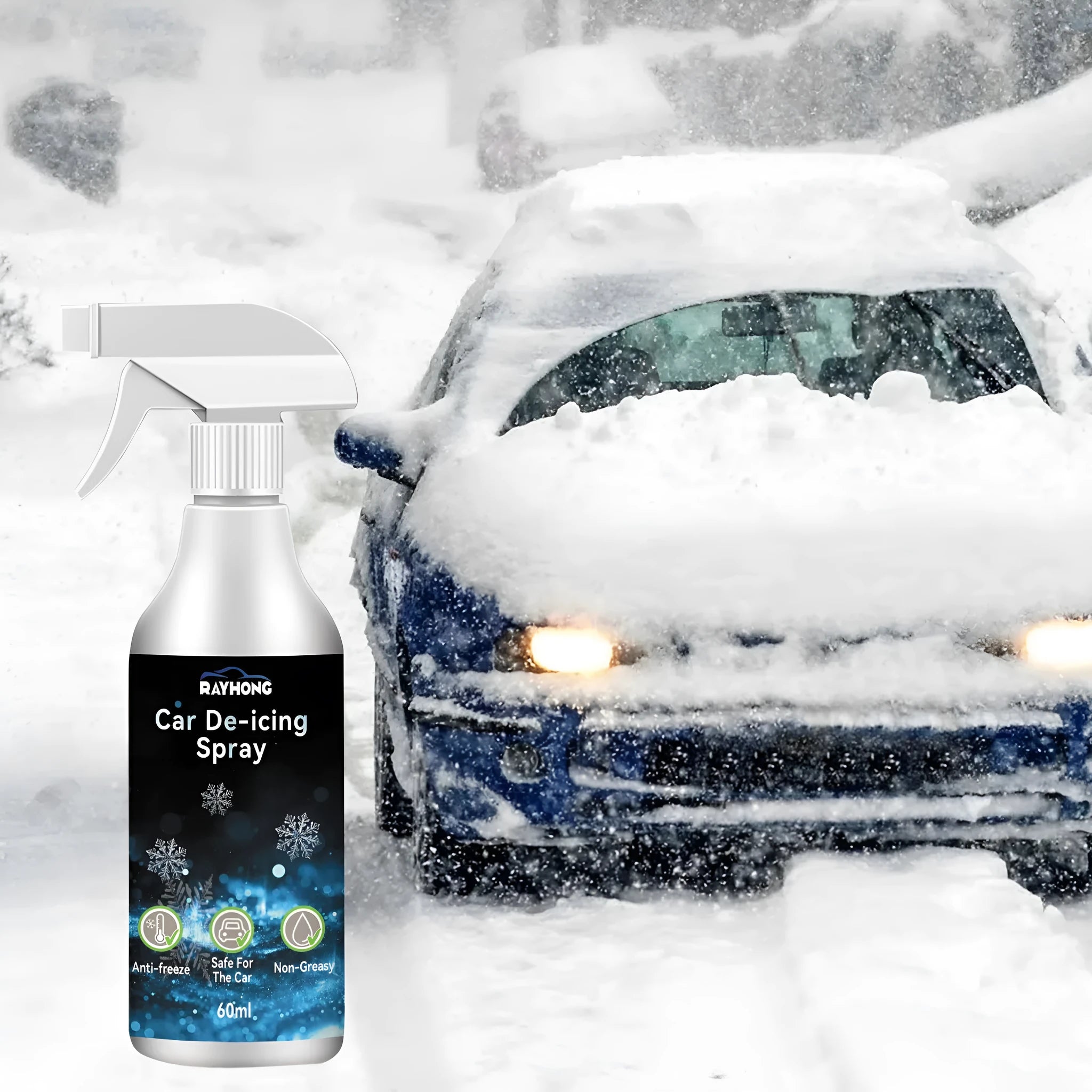 Car window deicing snow melting agent 60ml spray bottle with blue label