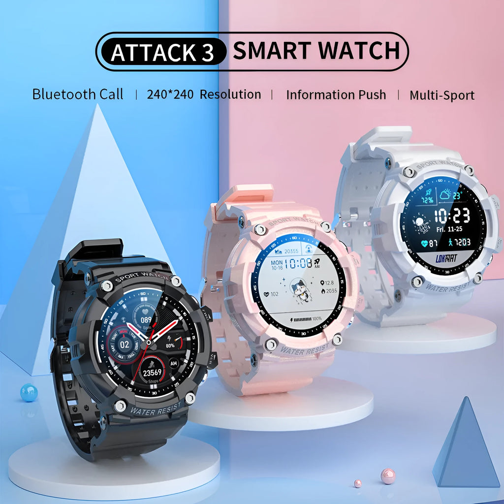 ATTACK 3 black IP67 waterproof smartwatch with round HD display on a TPU strap.