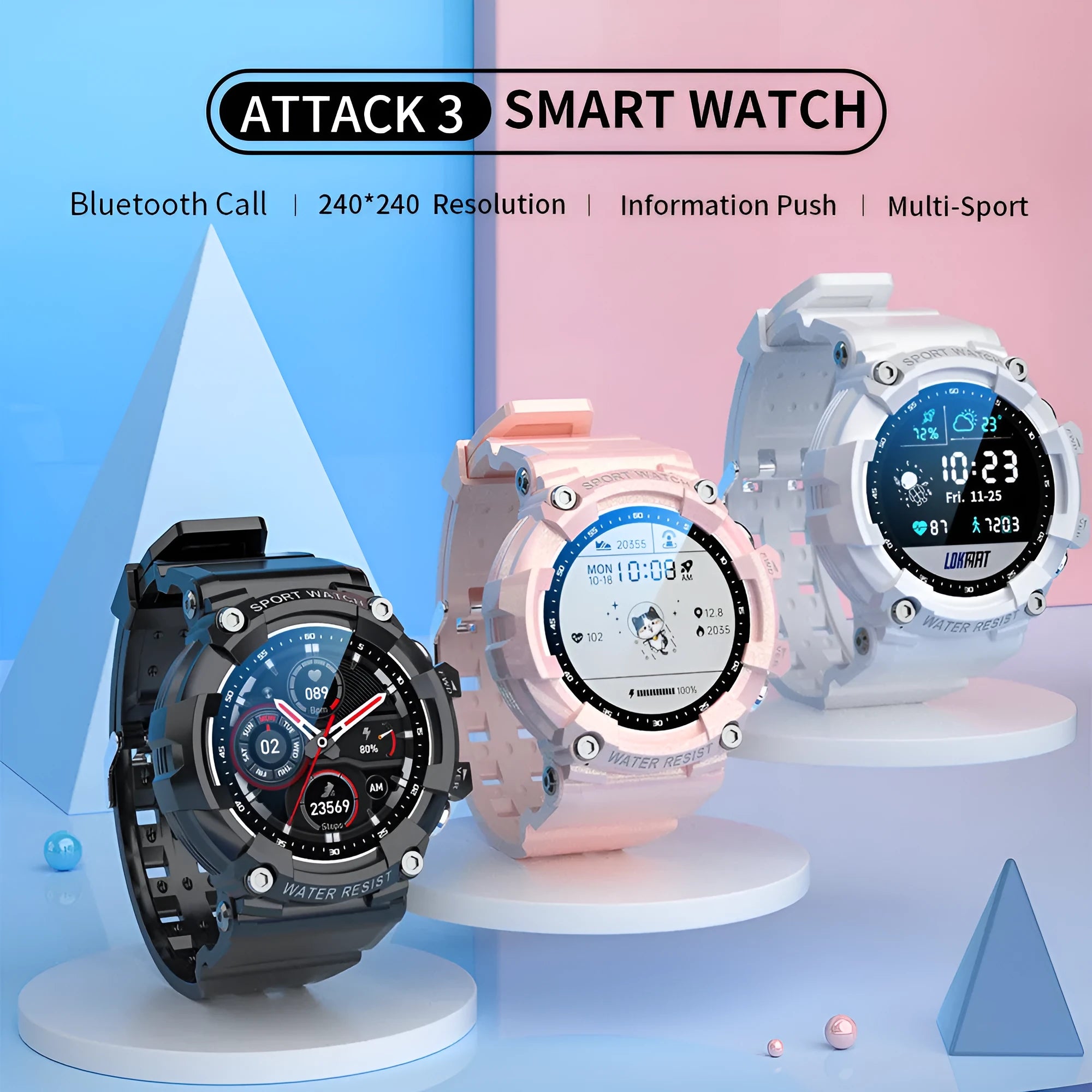 ATTACK 3 black IP67 waterproof smartwatch with round HD display on a TPU strap.