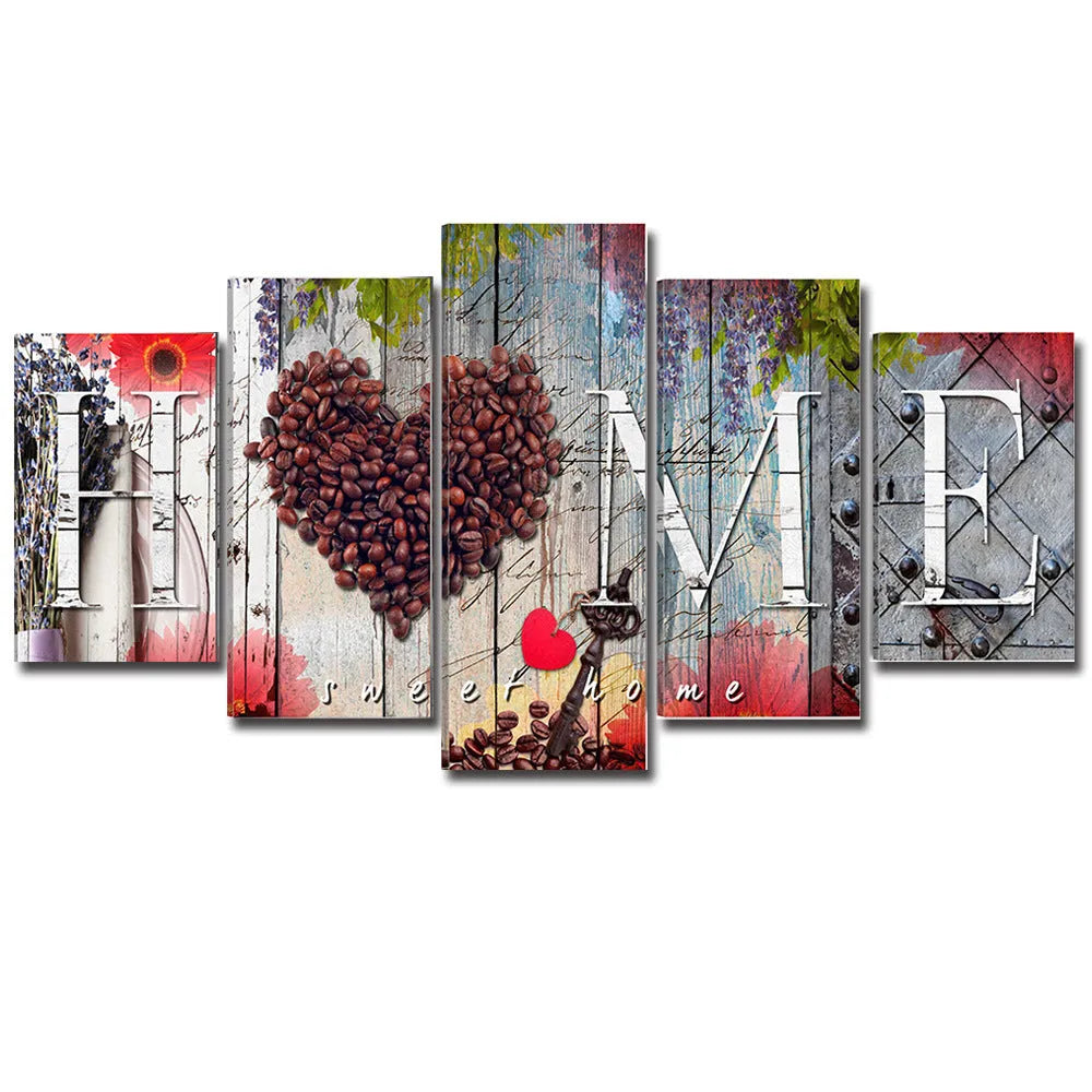 Red Home Sweet Home decoration board set of 5 pieces with oil painting finish, no frame