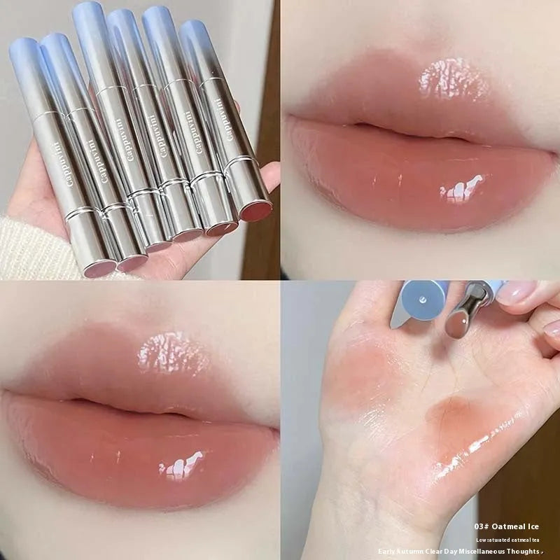 Mirror Water Light Lipstick in slim tube showing six translucent shade options