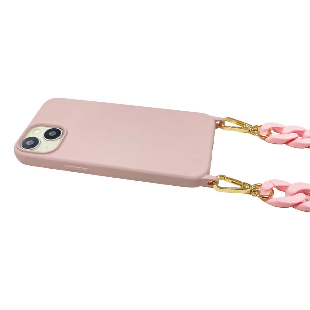 DIY frosted handle chain phone cover in liquid silicone for iPhone, available in pink shell colour