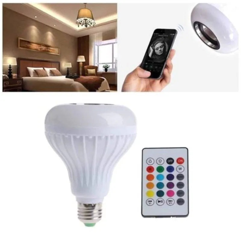 White smart LED Bluetooth speaker light bulb with E27 screw base for colour-changing mood lighting.