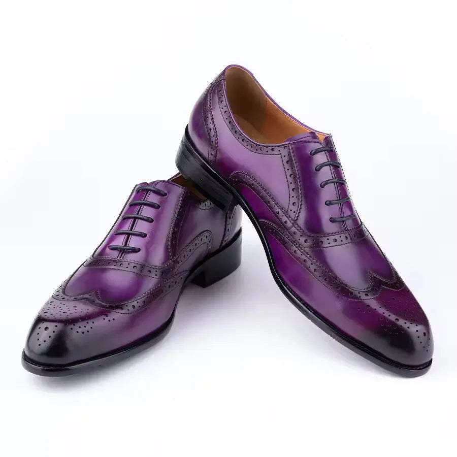 Men's Oxford hand carved pointed toe wedding party shoes in purple cowhide leather with rubber sole