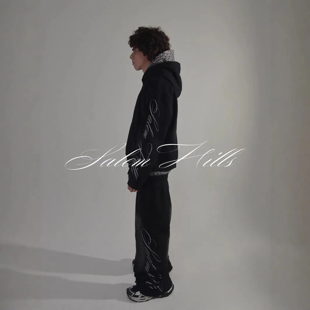 Men's long sleeve pullover hoodie suit with punk print, fleece lining, hood, and matching pants in style 01