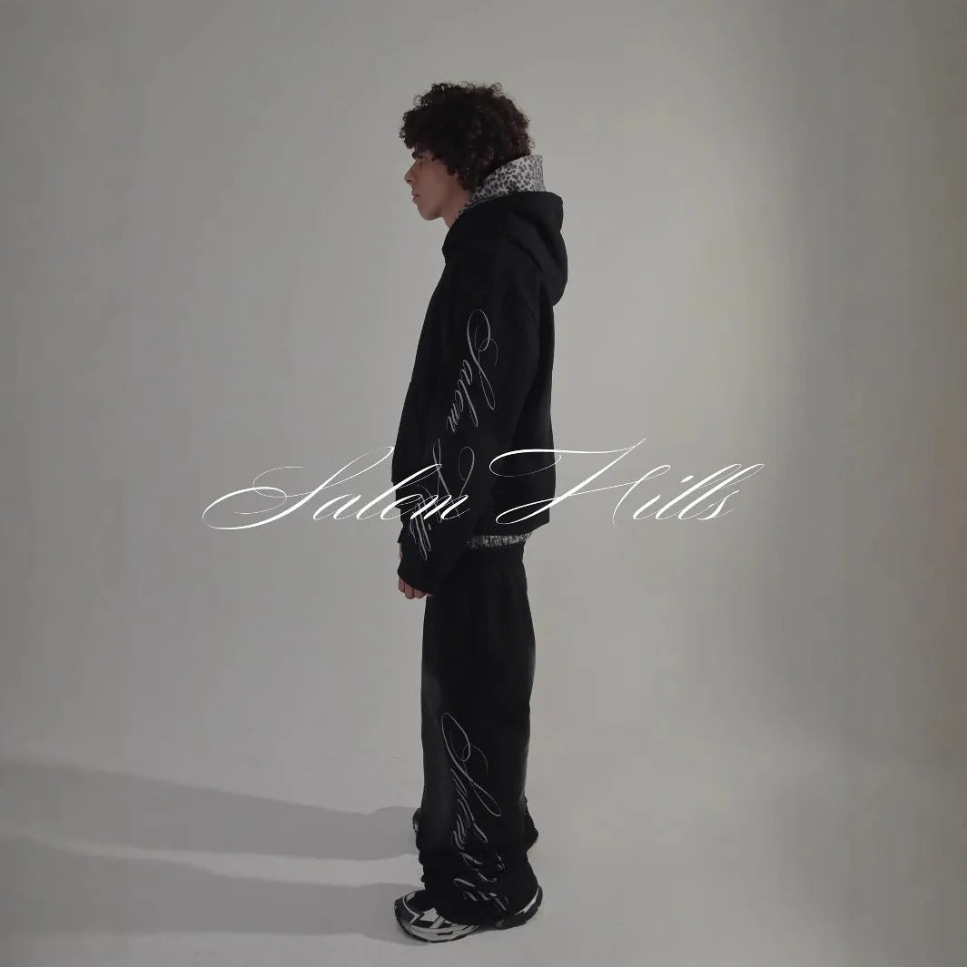 Men's long sleeve pullover hoodie suit with punk print, fleece lining, hood, and matching pants in style 01