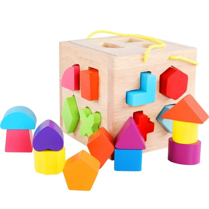 Wooden geometric shape matching baby building blocks set with 12-hole smart box in colour packaging for infants