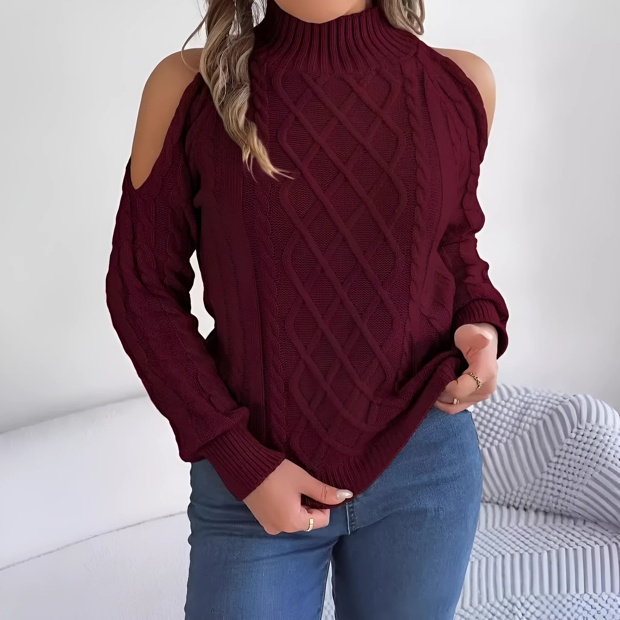 Women's twist strapless sweater with half-high collar and lantern sleeves in acrylic fabric