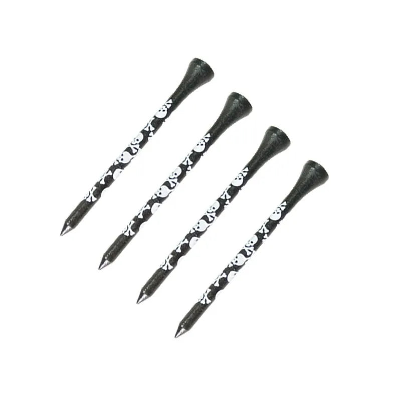 Ten bamboo dowel pins for golf spikes in two lengths with black skull print.