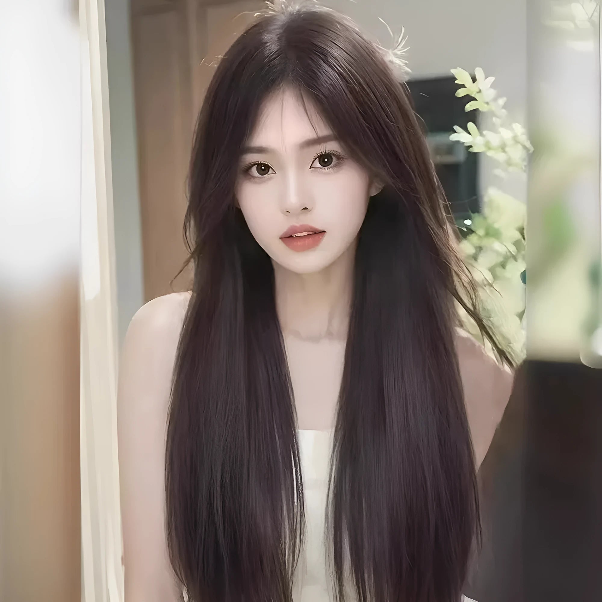 Forehead lace long straight full-head wig in dark brown with side bangs on a mannequin head