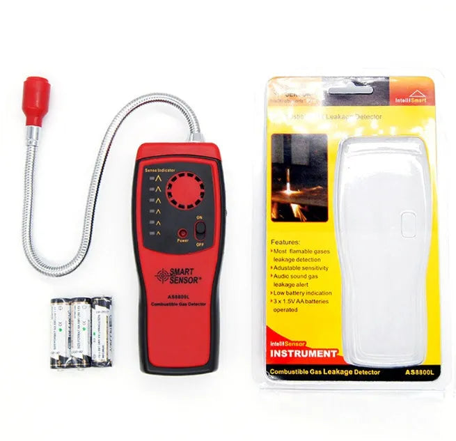AS8800L portable flammable gas detector showing front display with LED lights and compact handheld design