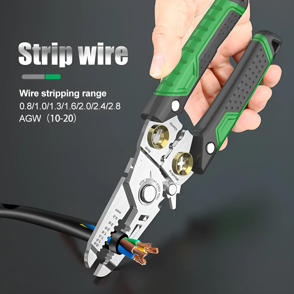Multifunctional stainless steel wire stripper tool with two-colour handle showing seven stripping ports.