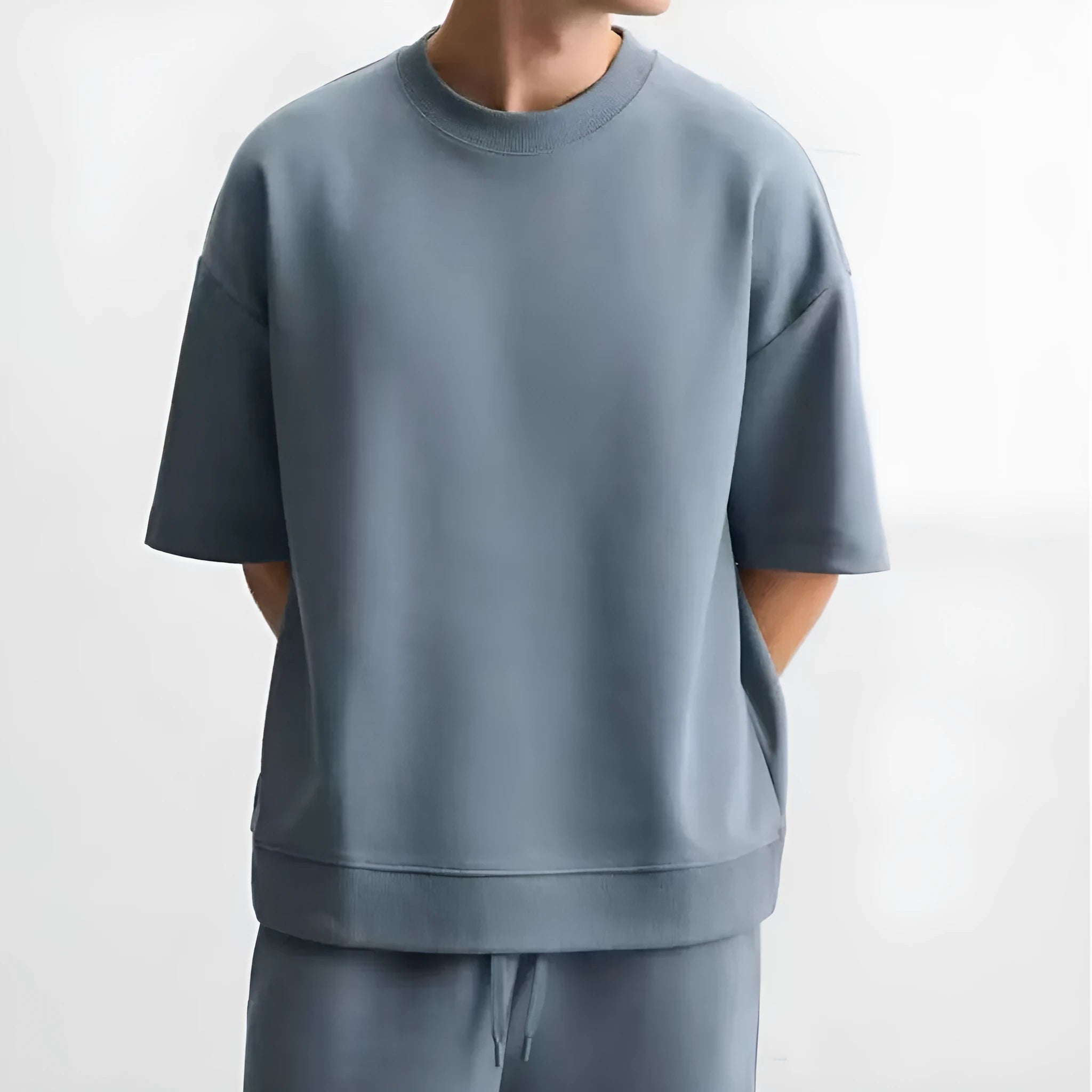 Loose double-sided cloth texture short sleeve top and matching shorts set in polyester