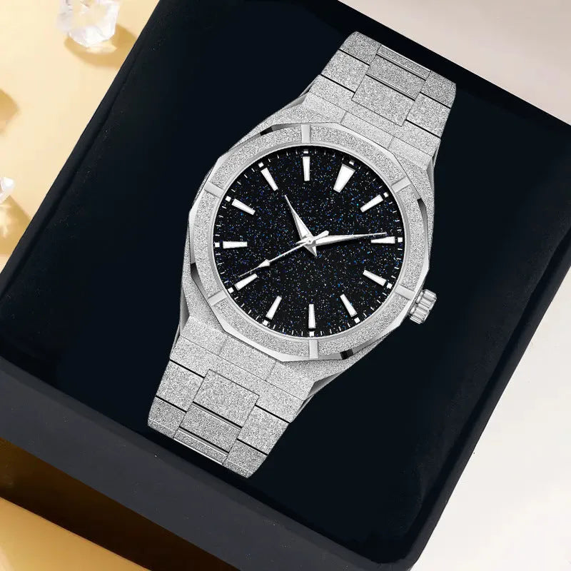 Business men's watch with frosted stainless steel case and luminous markers in silver, gold, or black colour options