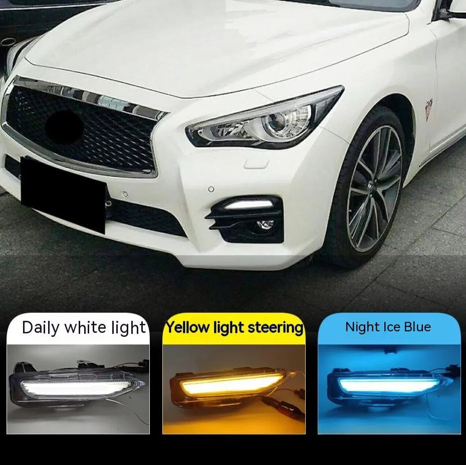 Infiniti Q50 Q70 front bumper LED daytime running and turn signal light unit with ABS housing.