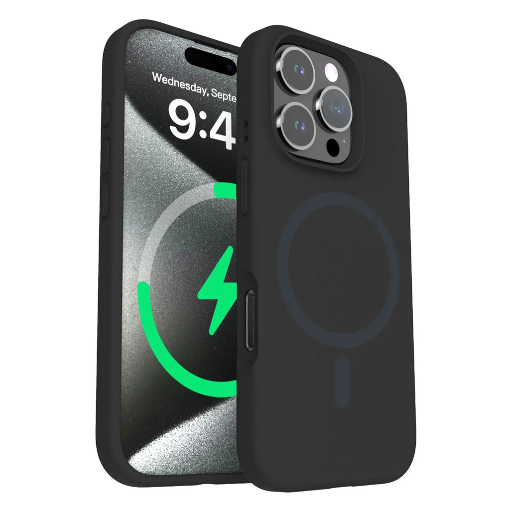 Liquid silicone magnetic phone case for iPhone showing full lens coverage and colour options including black, white, and antique white