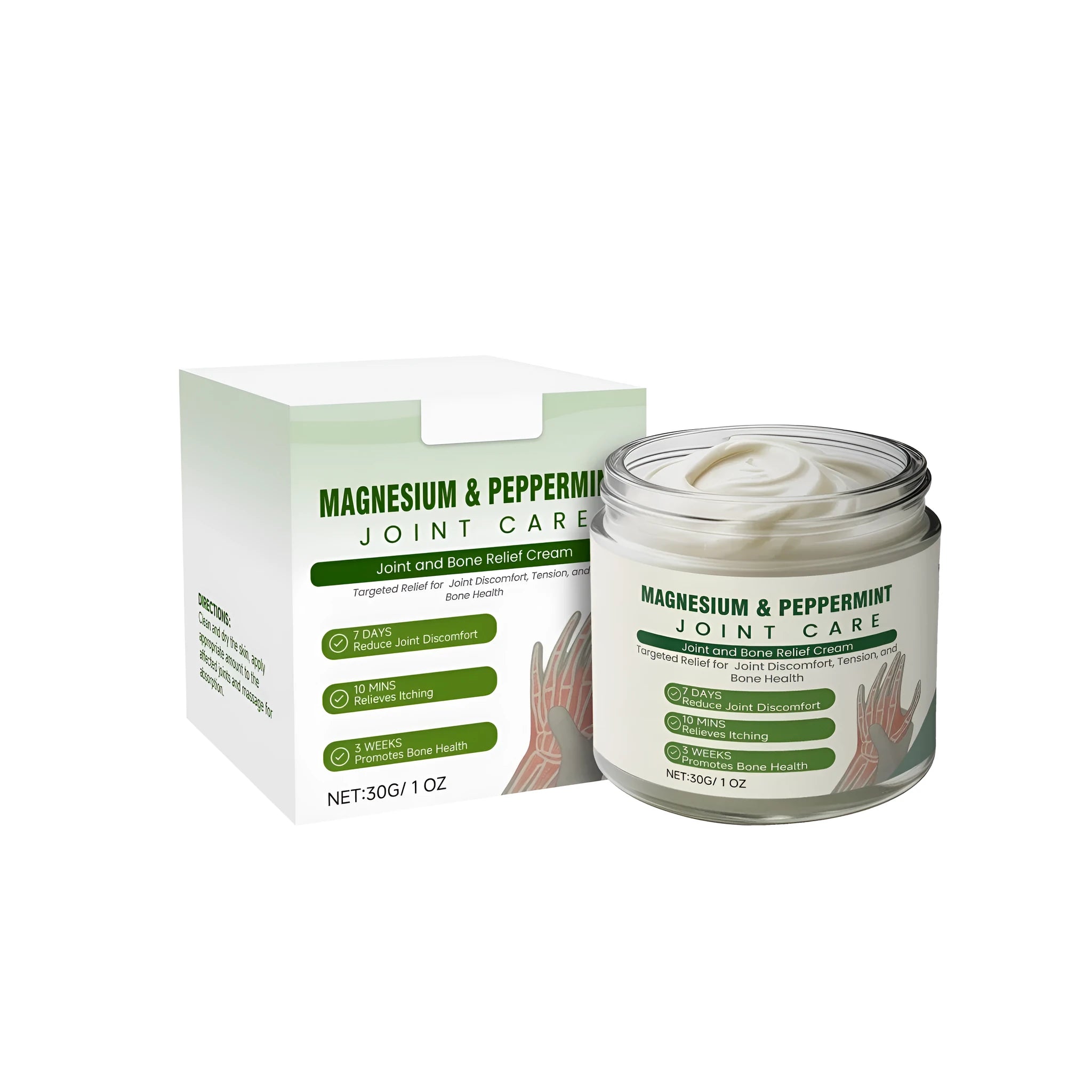30g jar of Joint and Bone Relief Cream with mint leaves, arnica, and turmeric on white background