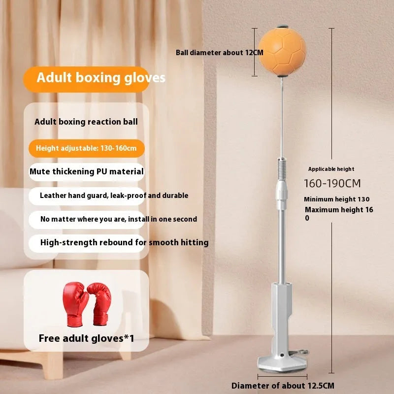 Vertical boxing reaction speed ball with gray PU gloves on a flat surface, roly-poly design for home focus training