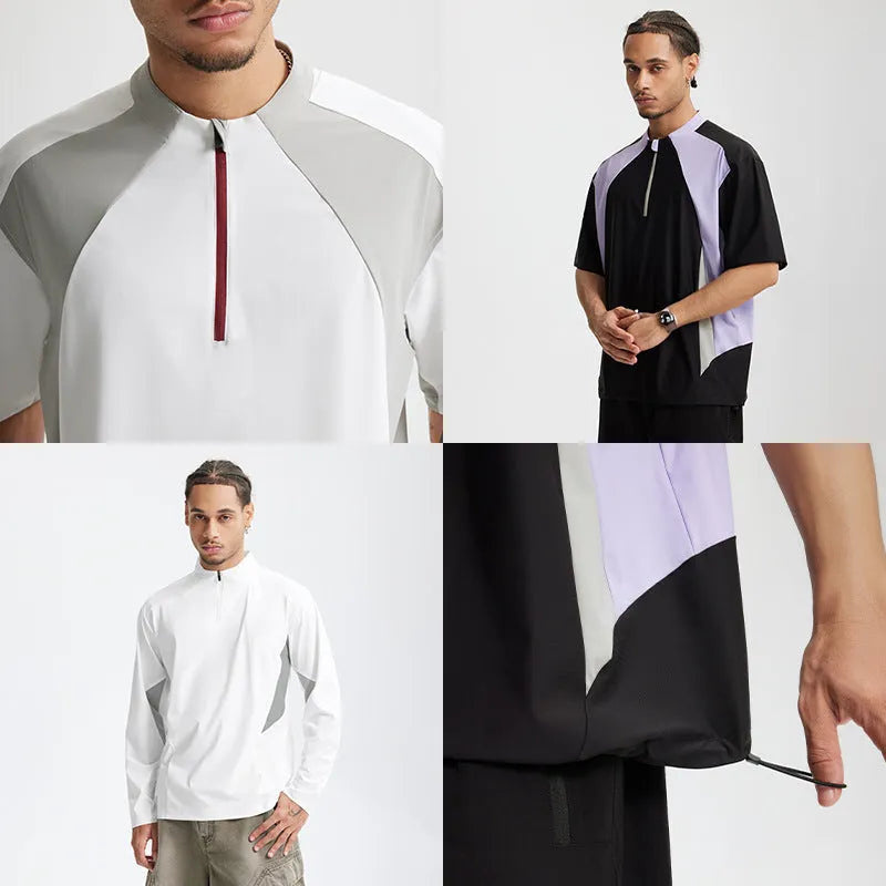 Men's solid colour lightweight polyester top in black, showing stitching detail on chest.